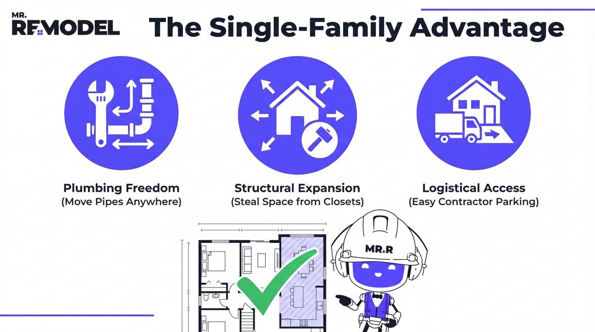 A checklist infographic highlighting the structural and logistical advantages that make bathroom remodels easier and more flexible in single-family homes.